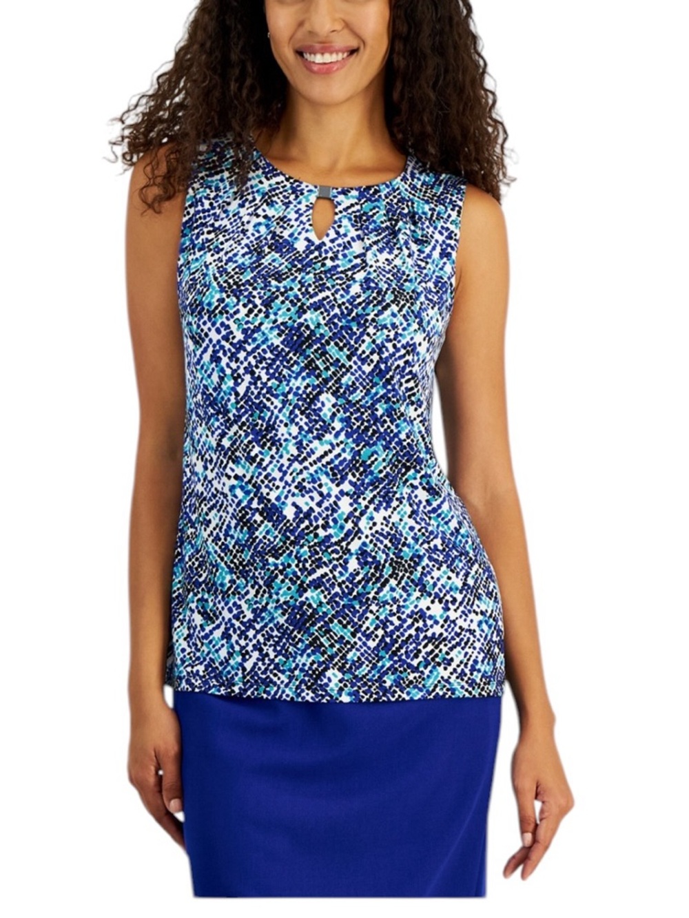 Kasper Printed Pleated Keyhole Neck Sleeveless Summer Blouse Top Shell NEW Large